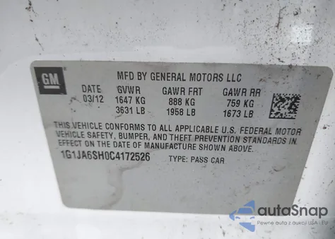 2012 Chevrolet Sonic Ls from USA, damaged, VIN 1G1JA6SH0C4172526